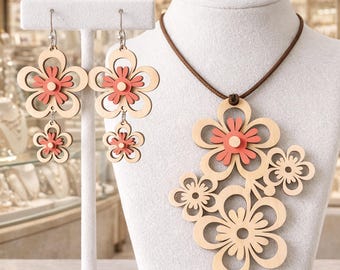 Laser Cut Layered Floral Necklace & Earring Set SVG, Laser Cut Jewelry Pattern, Glowforge, Cricut, CNC Digital Files