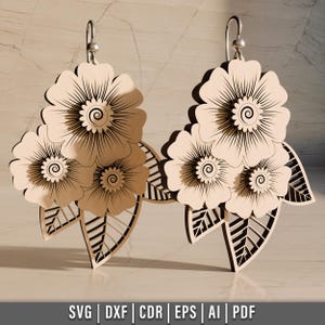 Diseño de aretes florales en capas cortados con láser, aretes de madera SVG, archivo cortado con láser, descarga digital