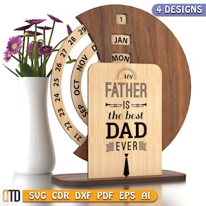 Calendario perpetuo de madera cortado con láser para escritorio de oficina, archivo SVG, plantilla digital de calendario perpetuo, Día del Padre, decoración de escritorio, archivo cortado con láser