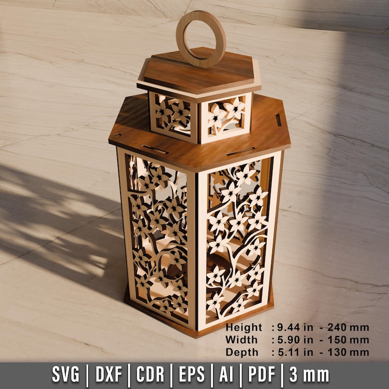 May include: A wooden lantern with intricate floral cutouts. The lantern is a light brown color and has a hexagonal shape. It measures 9.44 inches in height, 5.90 inches in width, and 5.11 inches in depth. The top has a circular handle.