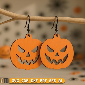Può includere: Due orecchini a forma di zucca in legno arancione con ganci neri. Ogni orecchino presenta un volto di jack-o'-lantern intagliato con occhi triangolari e una bocca frastagliata. Perfetti per Halloween.