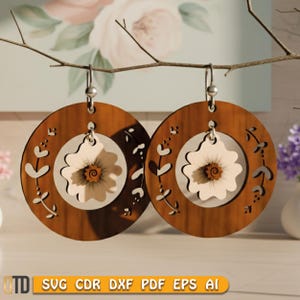 Diseño de aretes florales en capas cortados con láser, aretes de madera SVG, archivo cortado con láser, descarga digital