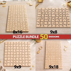 May include: A puzzle bundle featuring 50 designs with four light-colored wooden jigsaw puzzles in various rectangular and square configurations labeled 8x16, 9x8, 9x9, and 9x18, accompanied by loose puzzle pieces and a small gold-toned keychain.