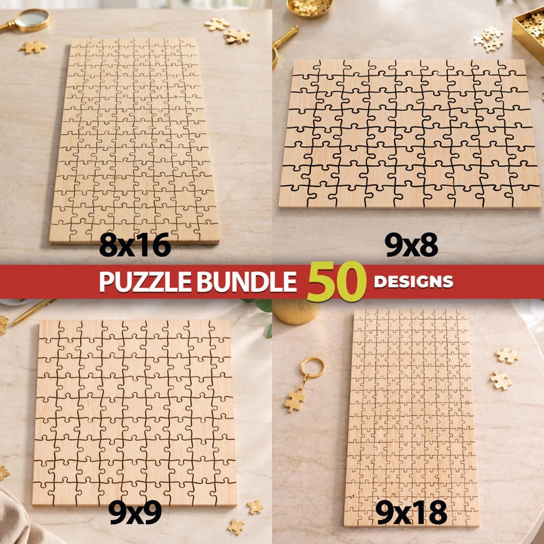 May include: A puzzle bundle featuring 50 designs with four light-colored wooden jigsaw puzzles in various rectangular and square configurations labeled 8x16, 9x8, 9x9, and 9x18, accompanied by loose puzzle pieces and a small gold-toned keychain.