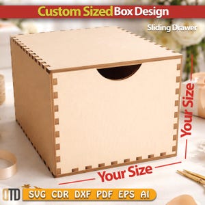 Könnte beinhalten: Eine maßgefertigte Holzkiste mit einem Schiebefach. Die Kiste ist hellbraun mit natürlicher Holzmaserung. Der Text "Custom Sized Box Design" und "Your Size" sind sichtbar. Die Kiste ist anpassbar.
