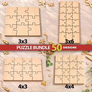 May include: A wooden puzzle bundle featuring 50 designs with four distinct layouts: a 3x3 square, a 3x6 rectangle, a 4x3 rectangle, and a 4x4 square. Each light-colored wood puzzle piece set is displayed with clear black outlines.