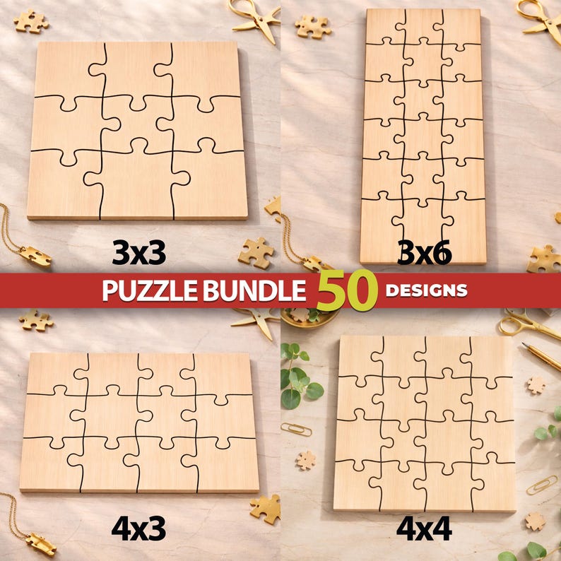 May include: A wooden puzzle bundle featuring 50 designs with four distinct layouts: a 3x3 square, a 3x6 rectangle, a 4x3 rectangle, and a 4x4 square. Each light-colored wood puzzle piece set is displayed with clear black outlines.