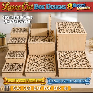 May include: A selection of laser-cut wooden boxes with decorative floral designs on the lids. The image features text: "Laser Cut Box Designs 8 Boxes Bundle," "192 Laser Cut Files," and "8 Assembly Videos." The boxes come in various sizes and thicknesses, with measurements in cm.