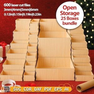 May include: A set of 25 wooden boxes in different sizes, arranged in a tiered display. The boxes are made from light-coloured wood and are designed for laser cutting. Text on the image reads "Open Storage 25 Boxes bundle" and "600 laser cut files".