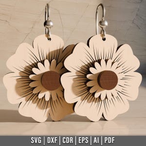 Diseño de aretes florales en capas cortados con láser, aretes de madera SVG, archivo cortado con láser, descarga digital