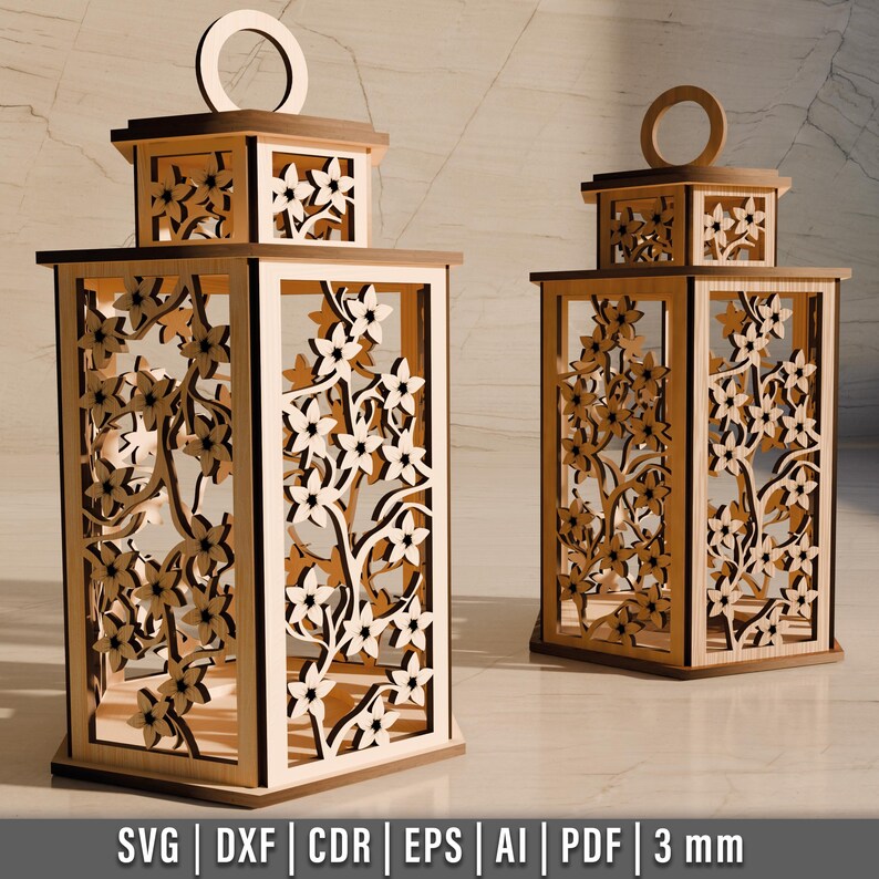 May include: Two wooden lanterns with floral cutouts. The lanterns are rectangular with a square top and a handle. The floral design is cut out of the wood, creating a decorative pattern. The lanterns are made of light-colored wood.