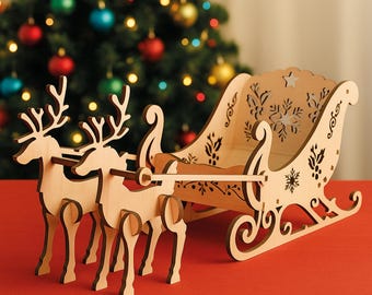 Reindeer Sleigh SVG Laser Cut Files | Glowforge, Cricut, CNC Compatible Digital Download | Wooden Christmas Decoration Pattern