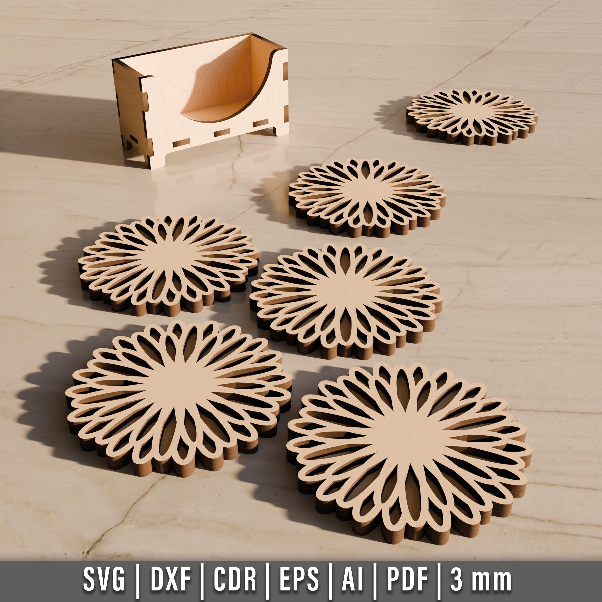 Laser Cut Coaster and Holder SVG File, Set of 6 Round Coasters With ...