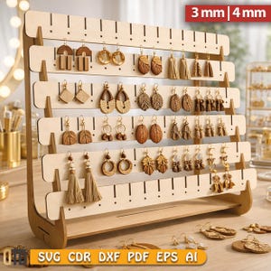 Laser Cut 6-Tier Earring Organizer 156 Holes Wood Earring Display Stands SVG File, 78 holes Jewelry Tower Earring Organizer Holder