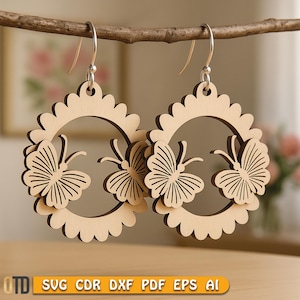 Orecchini a farfalla a strati tagliati al laser, orecchini in legno SVG, file tagliato al laser, download digitale