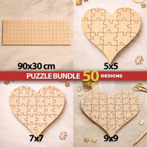 May include: A puzzle bundle featuring 50 designs, including a rectangular wooden puzzle measuring 90x30 cm and three heart-shaped wooden puzzles with varying piece counts labeled 5x5, 7x7, and 9x9, all displayed with loose puzzle pieces.