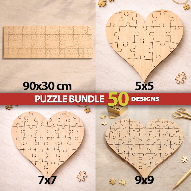 May include: A puzzle bundle featuring 50 designs, including a rectangular wooden puzzle measuring 90x30 cm and three heart-shaped wooden puzzles with varying piece counts labeled 5x5, 7x7, and 9x9, all displayed with loose puzzle pieces.