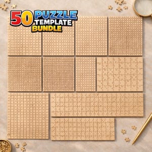 May include: A 50 puzzle template bundle featuring various light brown wooden jigsaw puzzle boards with different piece counts and grid patterns. The text 50 PUZZLE TEMPLATE BUNDLE is displayed in the upper left corner in bold red and blue.