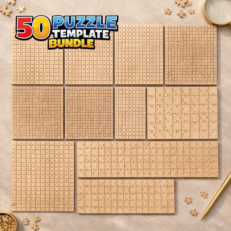 May include: A 50 puzzle template bundle featuring various light brown wooden jigsaw puzzle boards with different piece counts and grid patterns. The text 50 PUZZLE TEMPLATE BUNDLE is displayed in the upper left corner in bold red and blue.