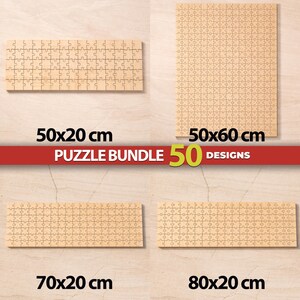 May include: A wooden puzzle bundle featuring four rectangular puzzles in various sizes including 50x20 cm, 50x60 cm, 70x20 cm, and 80x20 cm. The text PUZZLE BUNDLE 50 DESIGNS is displayed in the center on a red horizontal banner.