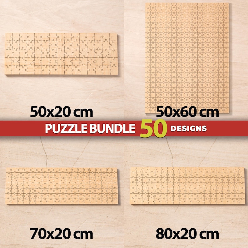 May include: A wooden puzzle bundle featuring four rectangular puzzles in various sizes including 50x20 cm, 50x60 cm, 70x20 cm, and 80x20 cm. The text PUZZLE BUNDLE 50 DESIGNS is displayed in the center on a red horizontal banner.