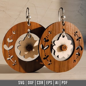 Diseño de aretes florales en capas cortados con láser, aretes de madera SVG, archivo cortado con láser, descarga digital