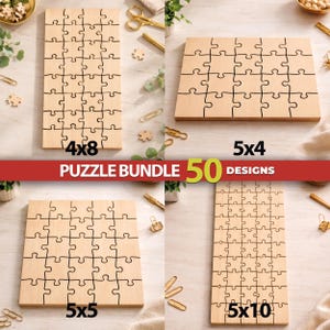 May include: A puzzle bundle featuring 50 designs on light wood panels. The image displays four rectangular and square wooden puzzles with varying piece counts labeled 4x8, 5x4, 5x5, and 5x10, showcasing interlocking puzzle piece patterns.