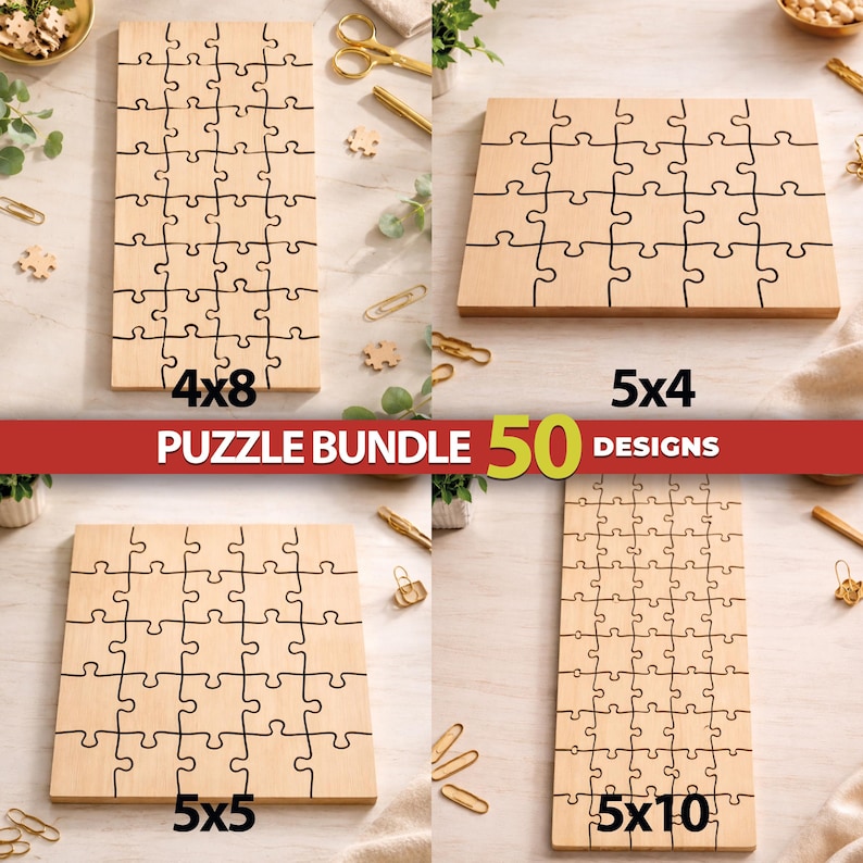 May include: A puzzle bundle featuring 50 designs on light wood panels. The image displays four rectangular and square wooden puzzles with varying piece counts labeled 4x8, 5x4, 5x5, and 5x10, showcasing interlocking puzzle piece patterns.