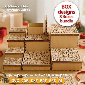 May include: A collection of laser-cut wooden boxes with intricate floral designs on the lids. The image includes text indicating 192 laser cut files, 8 assembly videos, and box dimensions in inches. The boxes are arranged on a wooden surface.