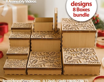 Laser Cut Box Bundle, 8 Box Designs SVG, Glowforge, CNC Cricut Ready, 192 Laser Cut Digital Files