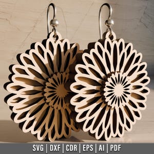 Diseño de aretes florales en capas cortados con láser, aretes de madera SVG, archivo cortado con láser, descarga digital