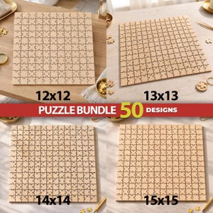 May include: A puzzle bundle featuring 50 designs of square wooden jigsaw puzzles in four different grid sizes labeled 12x12, 13x13, 14x14, and 15x15. Each light-colored wooden puzzle board displays a distinct interlocking piece pattern.