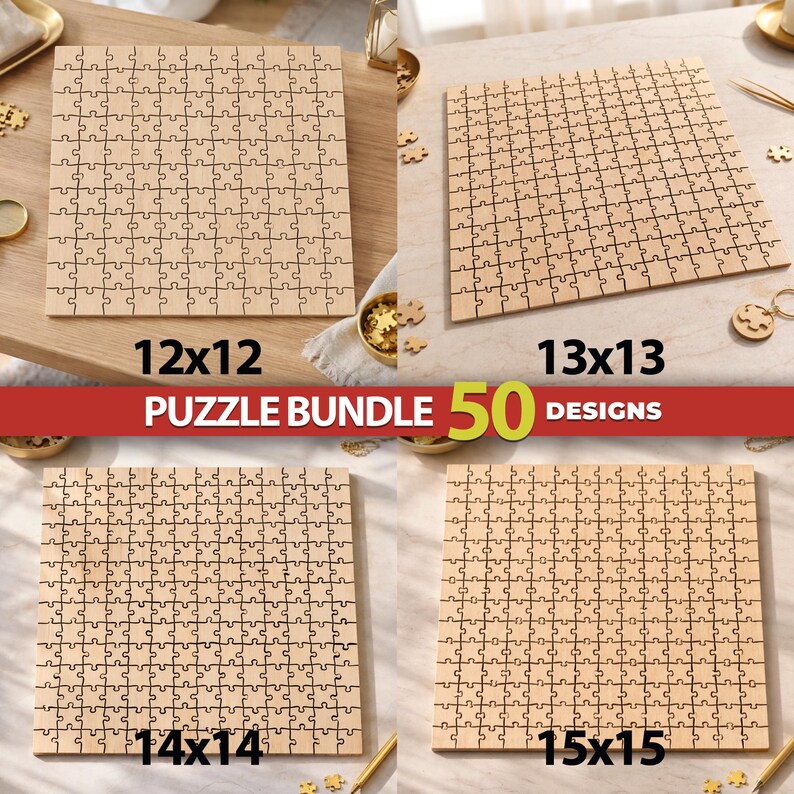 May include: A puzzle bundle featuring 50 designs of square wooden jigsaw puzzles in four different grid sizes labeled 12x12, 13x13, 14x14, and 15x15. Each light-colored wooden puzzle board displays a distinct interlocking piece pattern.