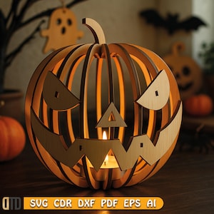May include: A wooden carved pumpkin-shaped candle holder with a smiling face. The pumpkin has a stem and is lit from within by a small candle. The background includes other Halloween decorations, such as a ghost and a bat.