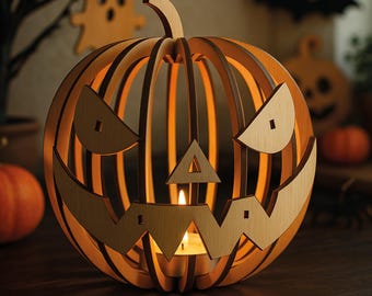Halloween Pumpkin Lantern SVG, Jack O Lantern Candle Holder Laser Cut File, Glowforge Cricut CNC Pattern, Digital Download Halloween Decor