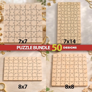 May include: A set of four light-colored wooden jigsaw puzzles with varying grid dimensions labeled 7x7, 7x14, 8x7, and 8x8. The central red banner displays the white text PUZZLE BUNDLE 50 DESIGNS with the number 50 in large yellow font.