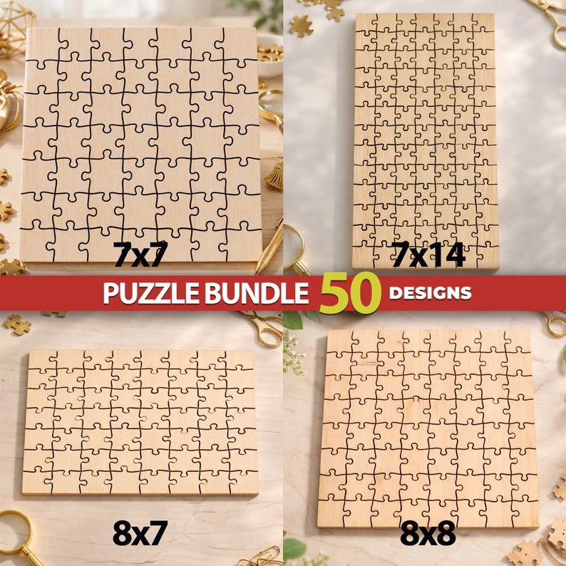 May include: A set of four light-colored wooden jigsaw puzzles with varying grid dimensions labeled 7x7, 7x14, 8x7, and 8x8. The central red banner displays the white text PUZZLE BUNDLE 50 DESIGNS with the number 50 in large yellow font.