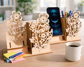 Laser geschnittener Schreibtisch-Organizer SVG, Stifthalter mit Telefonständer, CNC & Glowforge Cut File, digitaler Download