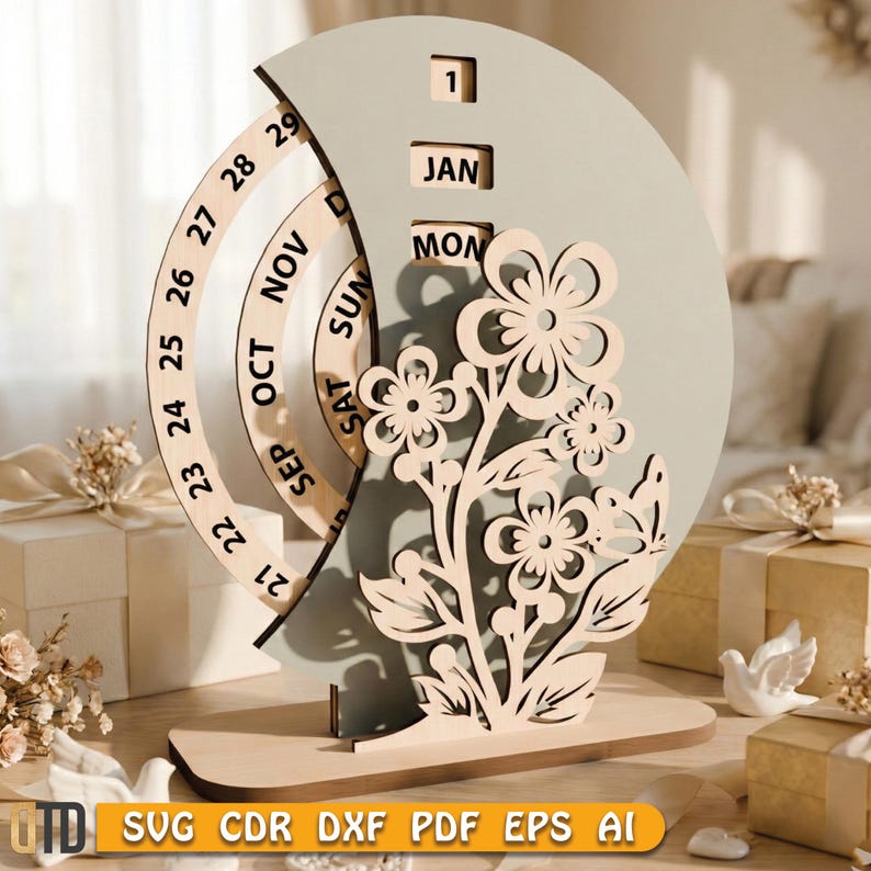 May include: A wooden perpetual calendar with a floral design. The calendar features a rotating wheel for the days and months, with a decorative flower cut-out. The date is set to January 1st, Monday. The base has the text "SVG CDR DXF PDF EPS AI".