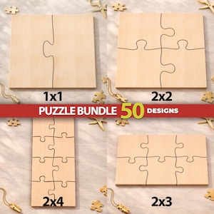 May include: A wooden puzzle bundle featuring 50 designs with four variations shown: a 1x1 two-piece puzzle, a 2x2 four-piece puzzle, a 2x4 eight-piece puzzle, and a 2x3 six-piece puzzle. Each light-colored wood puzzle piece set is displayed individually.