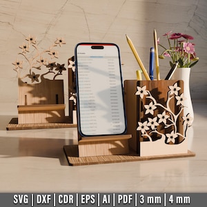 Porta-lápis com suporte para celular, arquivo SVG, modelo digital para suporte de celular, design de decoração para escritório, decoração de mesa, arquivo cortado a laser