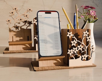 Laser Cut Pen Pencil Holder With Phone Stand SVG File, Phone Stand Digital Template, Office Decor Design, Desk Decor, Laser Cut File