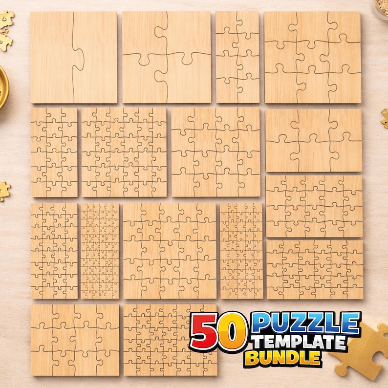 May include: A collection of sixteen light-colored wooden jigsaw puzzle templates with varying piece counts and grid patterns. The text 50 PUZZLE TEMPLATE BUNDLE is displayed in the lower right corner in bold red, white, and blue lettering.