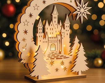 Christmas Castle SVG Laser Cut Files, Christmas Lamp, Glowforge, Cricut, CNC Compatible Digital Download | Holiday Wooden Decoration Pattern
