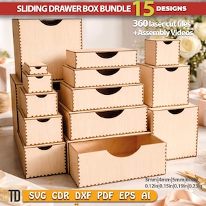 May include: A collection of fifteen wooden sliding drawer boxes in various sizes. The boxes are made of light-colored wood and feature a curved handle cutout. The image includes text that reads "SLIDING DRAWER BOX BUNDLE 15 DESIGNS" and "360 laser cut files + Assembly Videos".