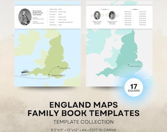 England Map - Family History Book Templates - 8.5x11 12x12 Square A4 Layouts - Digital Download for Canva