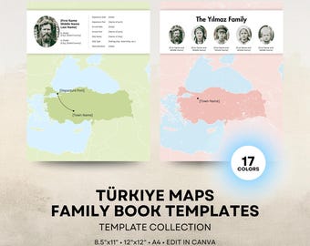 Türkiye Ancestry Map - Family History Book Templates - Turkish Genealogy Book Page - 8.5x11 12x12 Square A4 - Canva Template