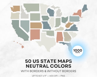 50 US State Maps - 10 Neutral Colors - 1000 Map PNG Clip Art
