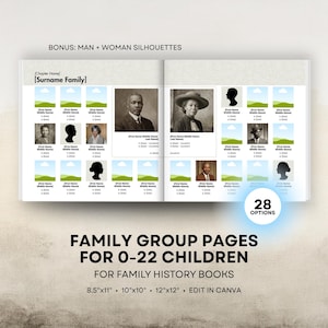 Family History Book Templates - Square Family Groups - 8.5x11 Portrait, 12x12, 10x10 Square Layouts - Digital Download for Canva