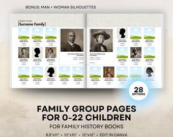 Family History Book Templates - Square Family Groups - 8.5x11 Portrait, 12x12, 10x10 Square Layouts - Digital Download for Canva